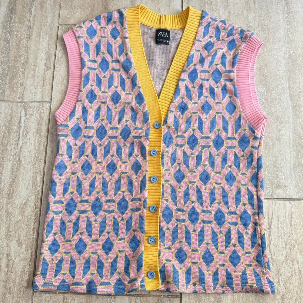 ZARA Contrast Jacquard Knit Sweater Vest Pastel Geometric Retro Y2K Pink S indie